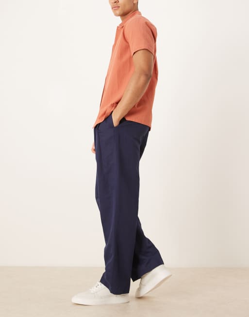 ASOS DESIGN tailored linen rich wide leg pants in navy with double pleats, 3 of 5