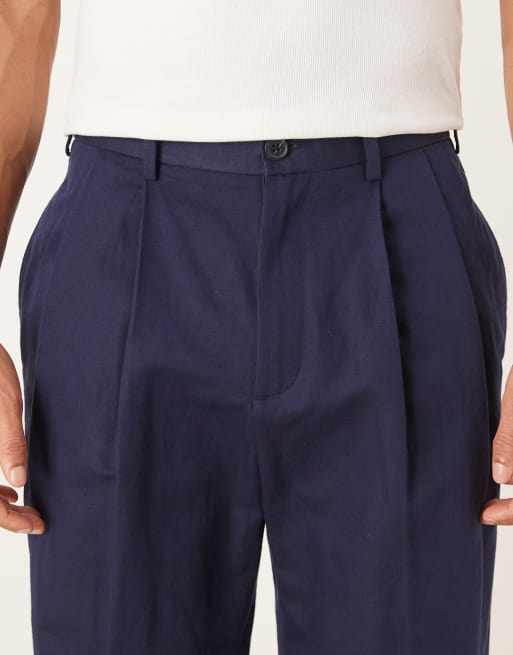 ASOS DESIGN tailored linen rich wide leg pants in navy with double pleats, 4 of 5