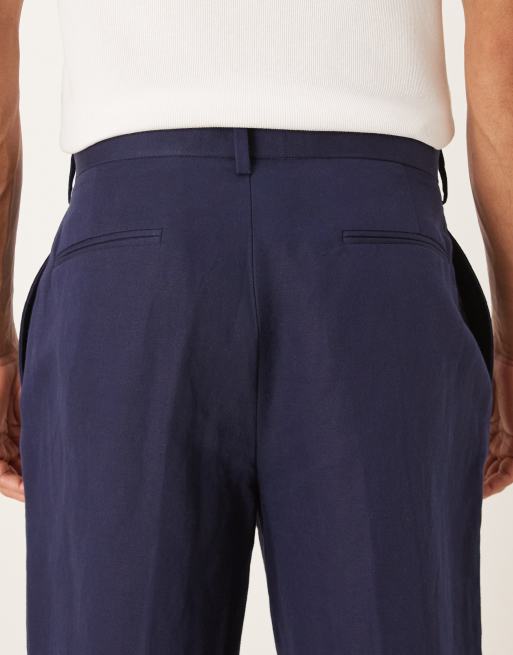 ASOS DESIGN tailored linen rich wide leg pants in navy with double pleats, 5 of 5