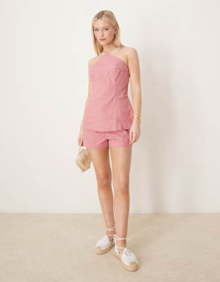 ASOS DESIGN ASOS DESIGN tailored linen short co-ord with bead detail in pink-Multi