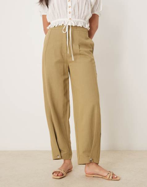 ASOS DESIGN tailored linen trousers with multi way tab hem in khaki - view 1