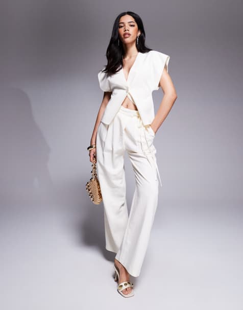 ASOS DESIGN tailored linen wrap tie pants in ivory - part of a set - view 1