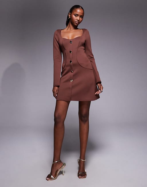 brown mini dress long sleeve Ruffle complemented by ruching at the sides for added texture The Giselle Mini Dress -