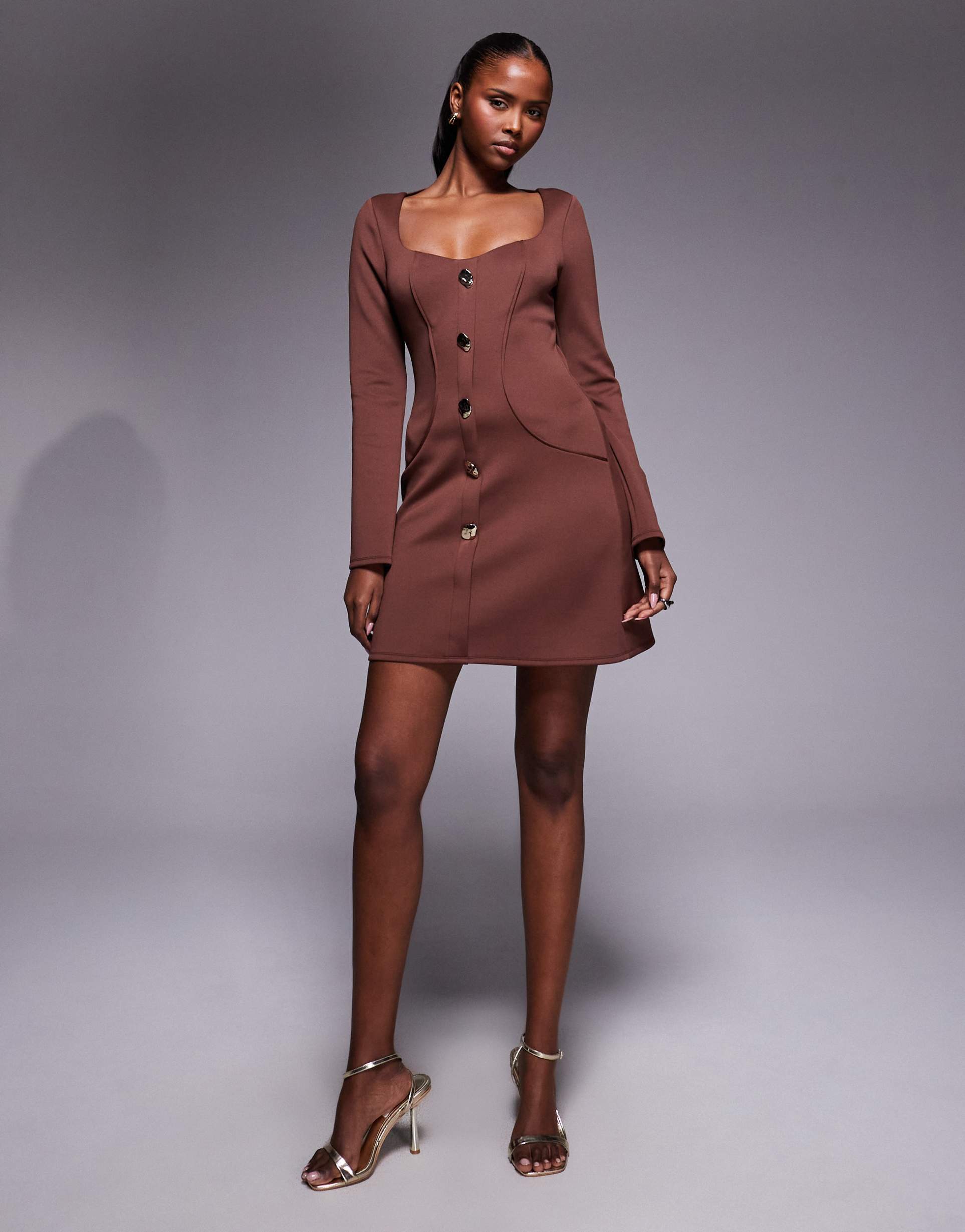 asos design tailored long sleeve mini dress with gold detail buttons in brown