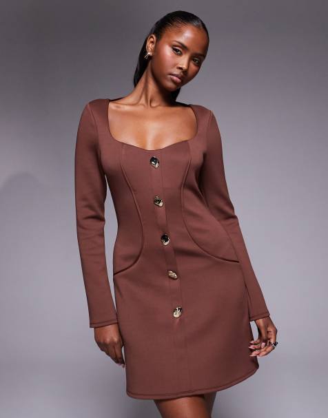 ASOS DESIGN tailored long sleeve mini dress with gold detail buttons in brown
