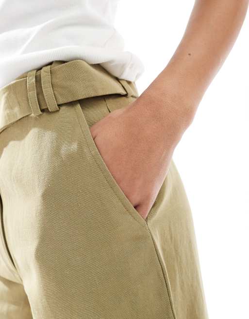 ASOS DESIGN tailored longline belted city shorts with linen in khaki, 3 of 5