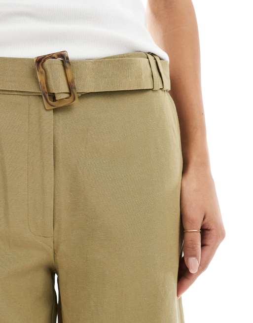 ASOS DESIGN tailored longline belted city shorts with linen in khaki, 5 of 5