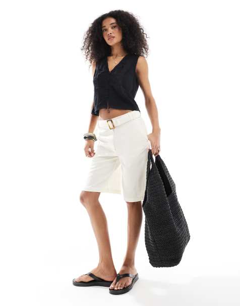 ASOS DESIGN tailored longline belted city shorts with linen in white - view 1