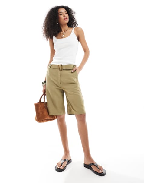 ASOS DESIGN tailored longline belted jort with linen in khaki - view 1