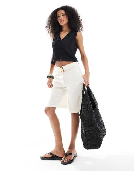 ASOS DESIGN tailored longline belted jort with linen in white