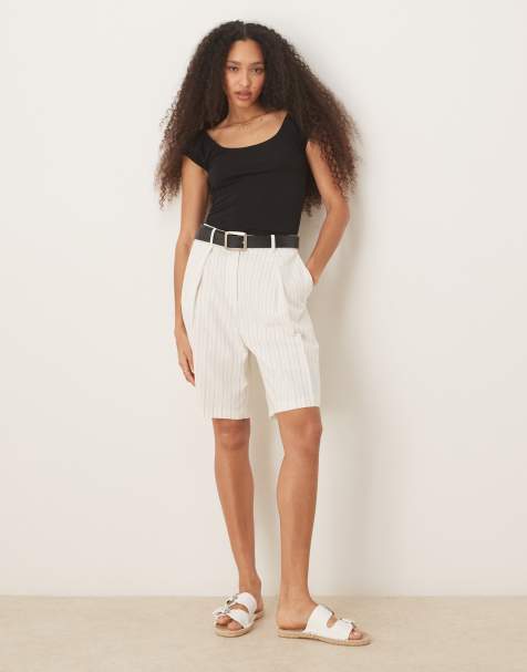ASOS DESIGN tailored longline city shorts in stone stripe - view 1