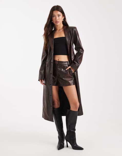 ASOS DESIGN tailored longline faux leather blazer co-ord in brown snake - view 1