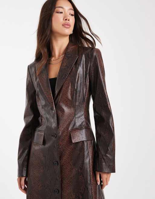 ASOS DESIGN tailored longline faux leather blazer in brown snake - part of a set, 3 of 4