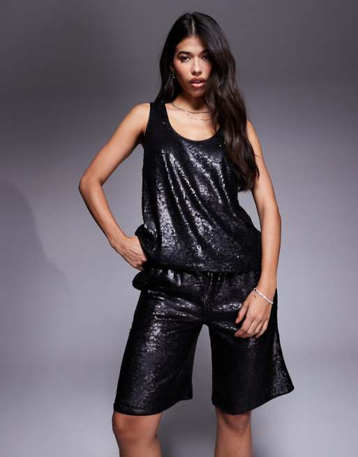 ASOS DESIGN tailored longline sequin shorts in black (part of a set) , 4 of 5