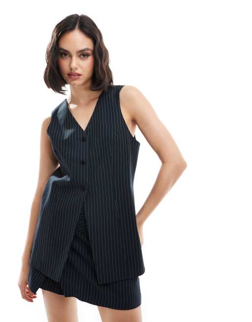 Asos Design Tailored Longline Waistcoat In Navy Pinstripe Asos