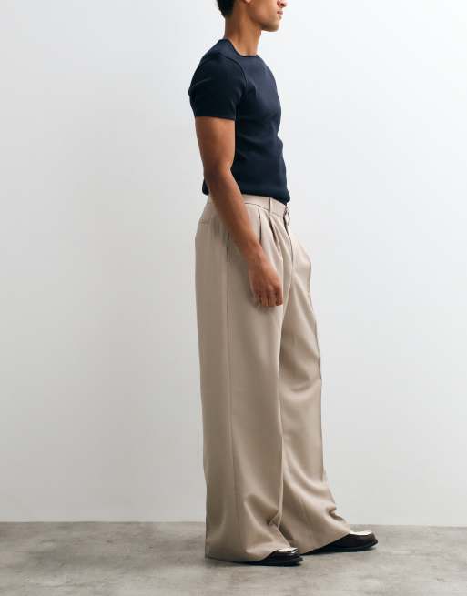 ASOS DESIGN tailored loose leg pants with double pleats in stone, 4 of 5