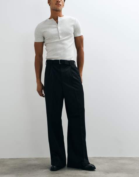 ASOS DESIGN tailored loose leg trousers with buckle belt in black - view 1