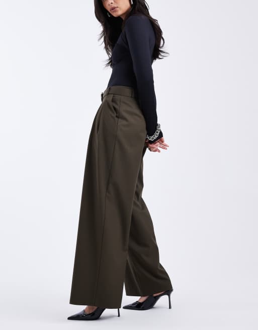 ASOS DESIGN tailored low belted wide leg pants in olive, 2 of 5