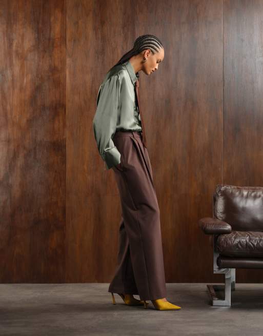 ASOS DESIGN tailored low rise wide leg trousers with asymmetric waistband in chocolate