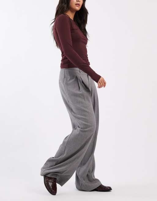 ASOS DESIGN tailored low rise wide leg pants with asymmetric waistband in mono herringbone, 2 of 5