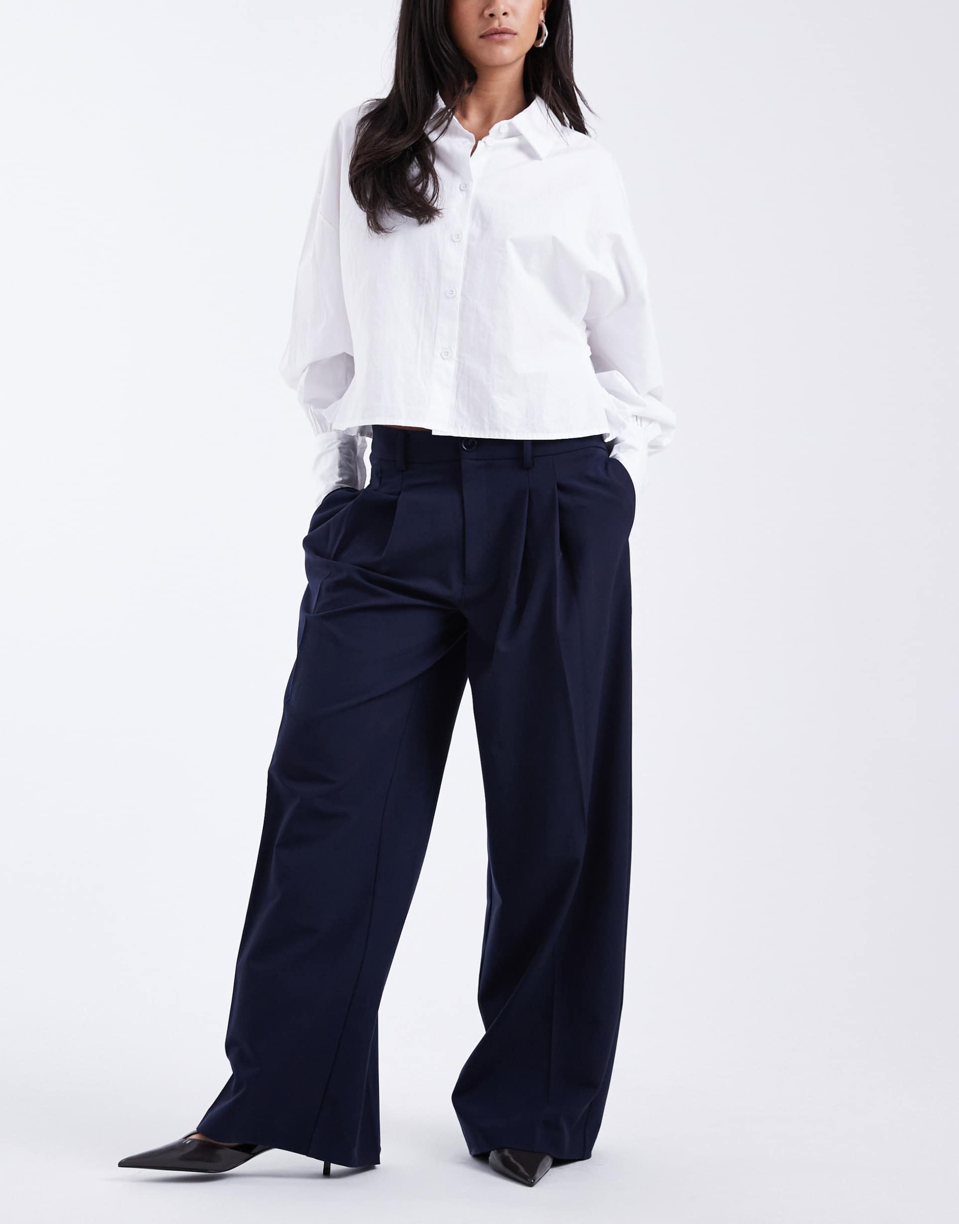asos design tailored low rise wide leg pants with asymmetric waistband in navy