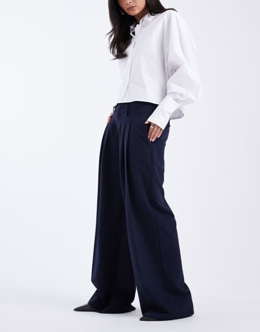 ASOS DESIGN tailored low rise wide leg pants with asymmetric waistband in navy, 2 of 5