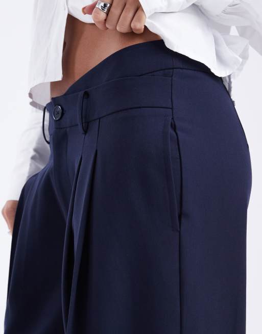 ASOS DESIGN tailored low rise wide leg pants with asymmetric waistband in navy, 5 of 5