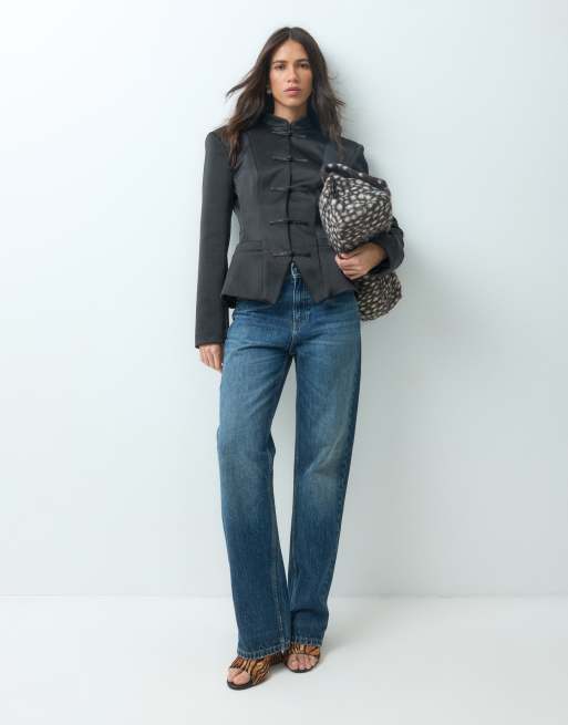 ASOS DESIGN Tailored mandarin style cinched satin blazer in black, 2 of 5