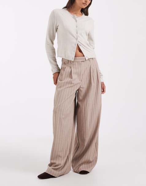 ASOS DESIGN Tailored mensy trousers with pleat detail in taupe stripe - view 1