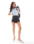 [ASOS DESIGN] ASOS DESIGN tailored micro shorts in charcoal stripe (part of a set)-Multi 14 Charcoal stripe