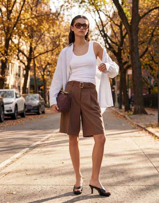 ASOS DESIGN tailored mid rise belted short in tan, 12 of 13
