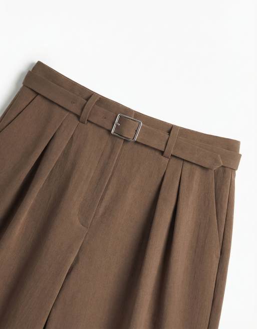 ASOS DESIGN tailored mid rise belted short in tan, 8 of 13