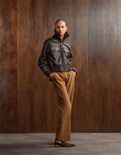 ASOS DESIGN tailored mid-rise relaxed pants with belt and split hem in brown - view 1