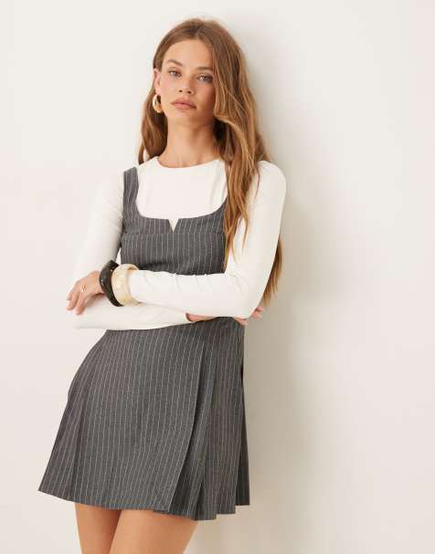 ASOS DESIGN tailored mini dress with pleated hem in gray pinstripes - view 1