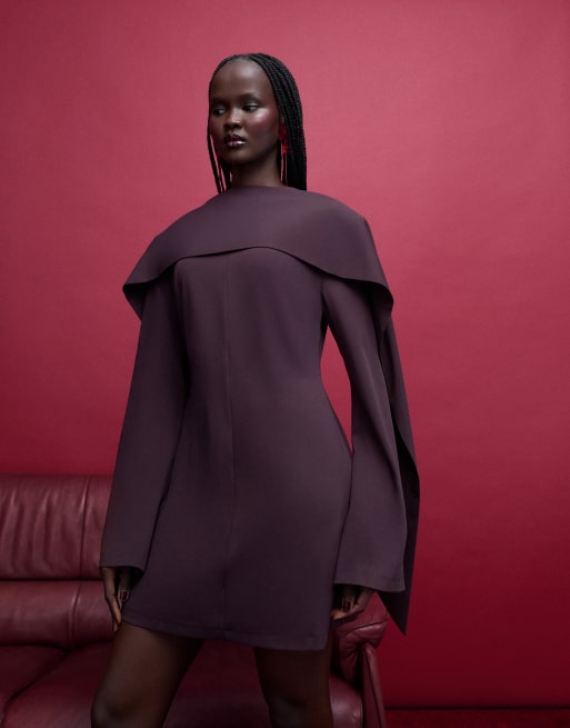 ASOS DESIGN tailored mini dress with scarf detail in plum, 2 of 4
