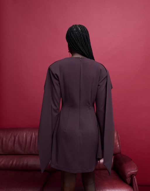 ASOS DESIGN tailored mini dress with scarf detail in plum, 3 of 4