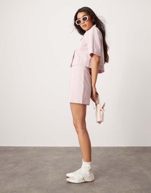 ASOS DESIGN tailored mini skirt with linen look in pink (part of a set), 4 of 5