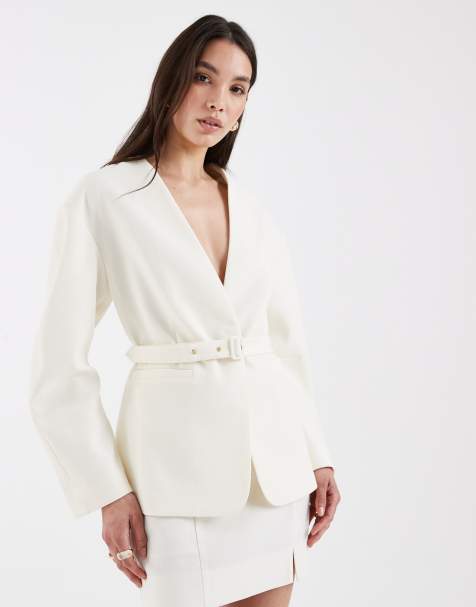 ASOS DESIGN tailored nipped waist belted blazer in textured buttermilk - view 1