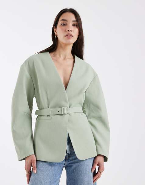 ASOS DESIGN tailored nipped waist belted blazer in textured soft green - view 1