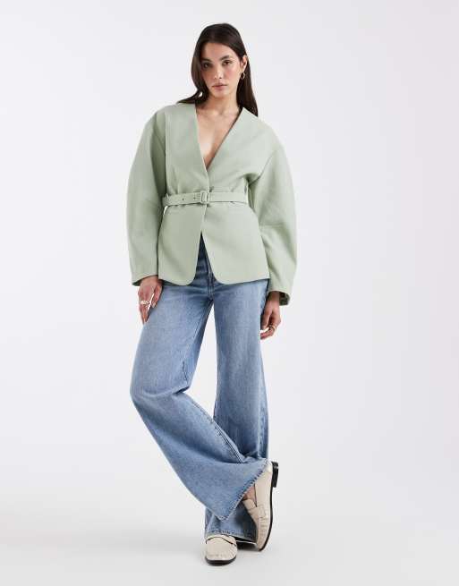 ASOS DESIGN tailored nipped waist belted blazer in textured soft green, 2 of 4