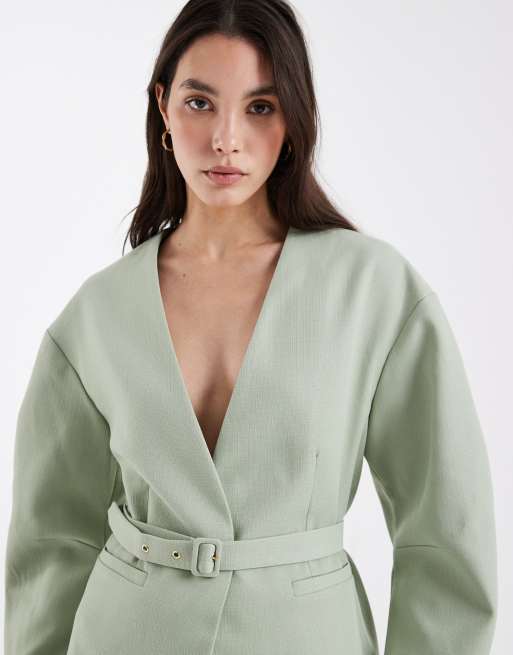 ASOS DESIGN tailored nipped waist belted blazer in textured soft green, 3 of 4