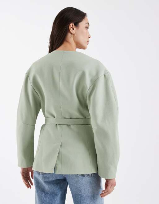 ASOS DESIGN tailored nipped waist belted blazer in textured soft green, 4 of 4