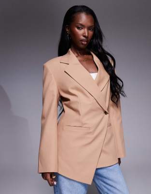 Asos Design Tailored Nipped Waist Blazer With Cut Away Hem In Neutral