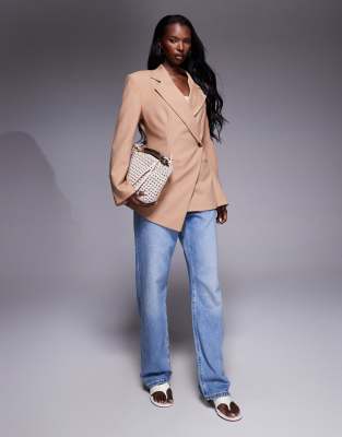 Asos Design Tailored Nipped Waist Blazer With Cut Away Hem In Neutral