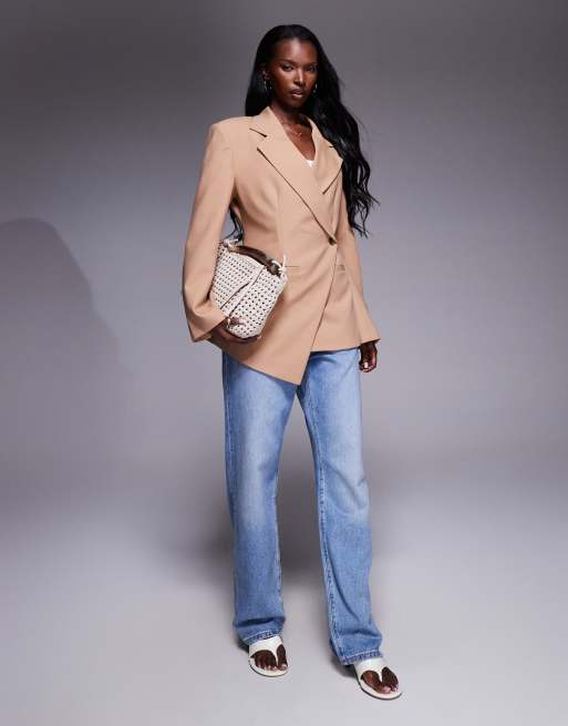 ASOS DESIGN tailored nipped waist blazer with cut away hem in mocha