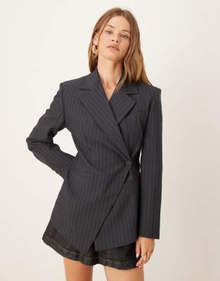 Asos Design Tailored Nipped Waist Blazer With Cut-away Hem In Gray