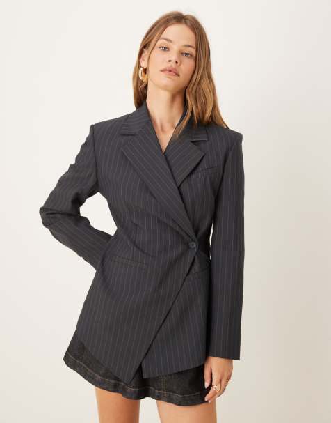 ASOS DESIGN tailored nipped waist blazer with cut away hem in navy pinstripe - view 1