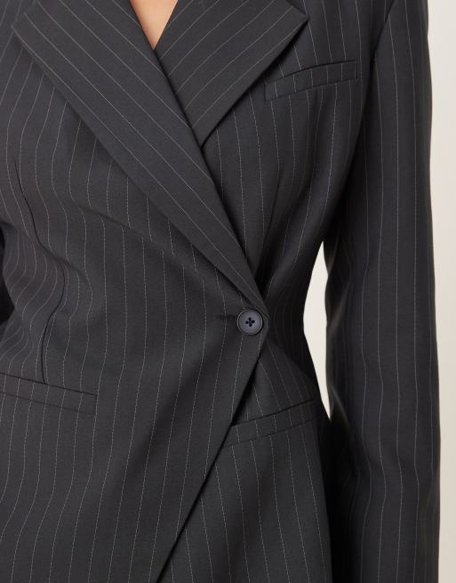 ASOS DESIGN tailored nipped waist blazer with cut-away hem in navy pinstripe