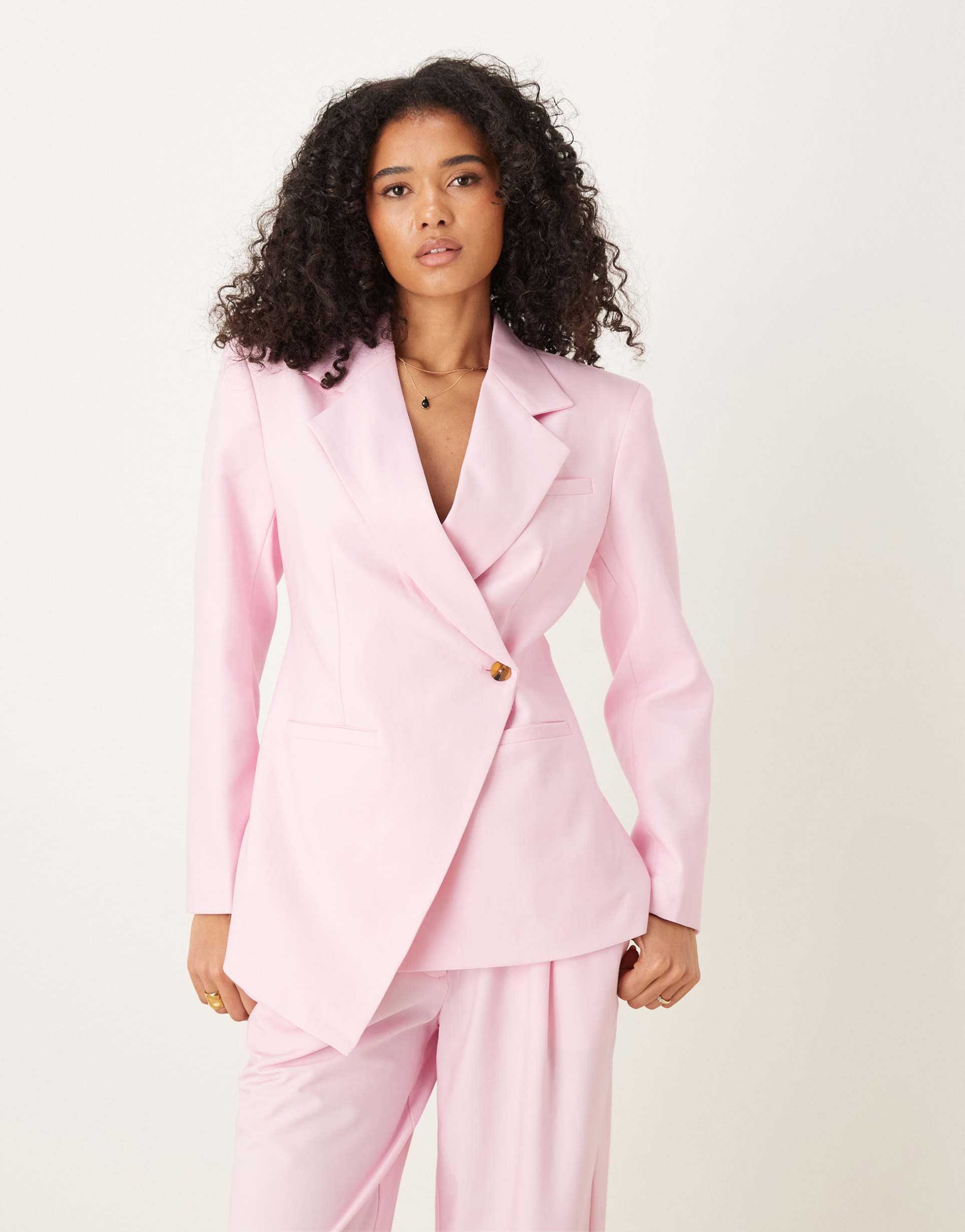asos design tailored nipped waist blazer with cutaway hem in pink