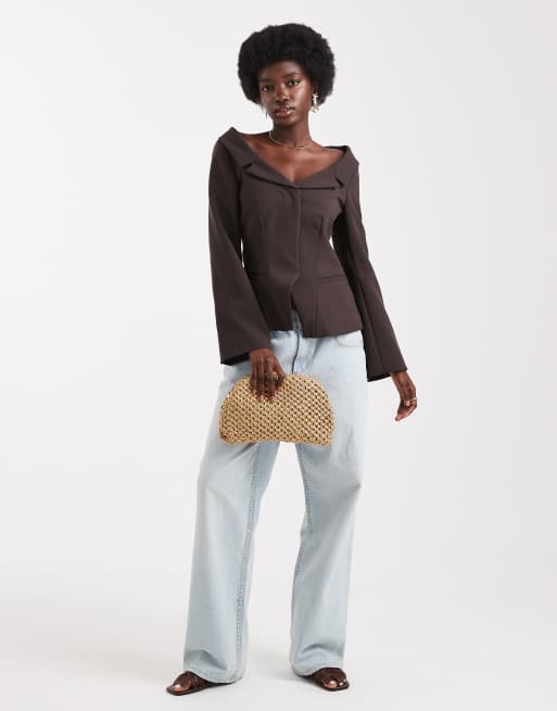 ASOS DESIGN tailored off-shoulder blazer in chocolate, 2 of 4